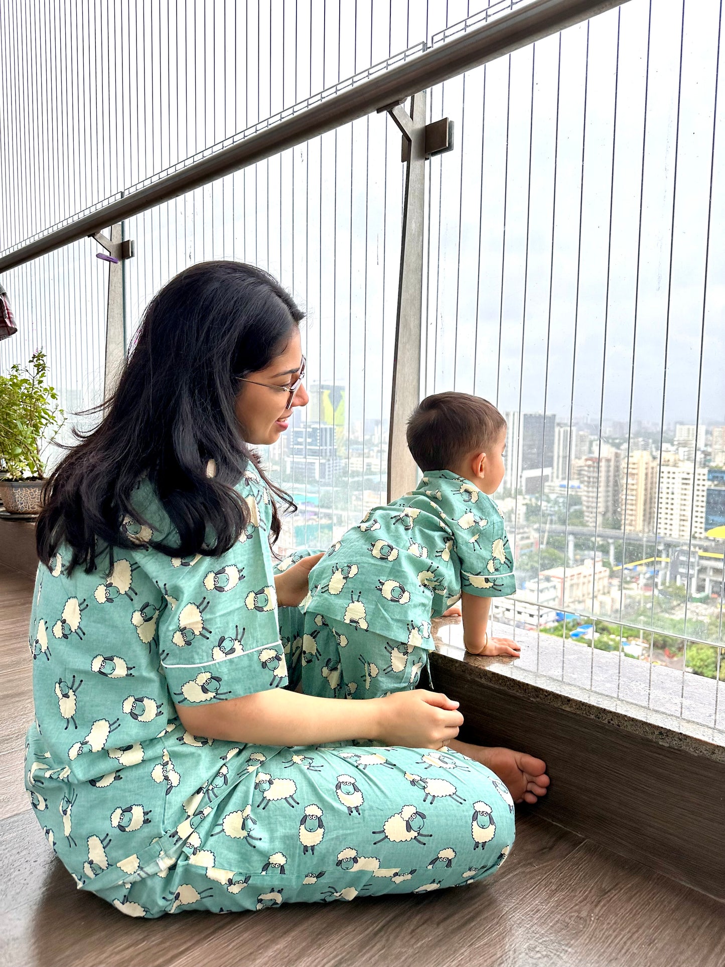 Kids Blue Sheep Half Sleeve Pyjama Set