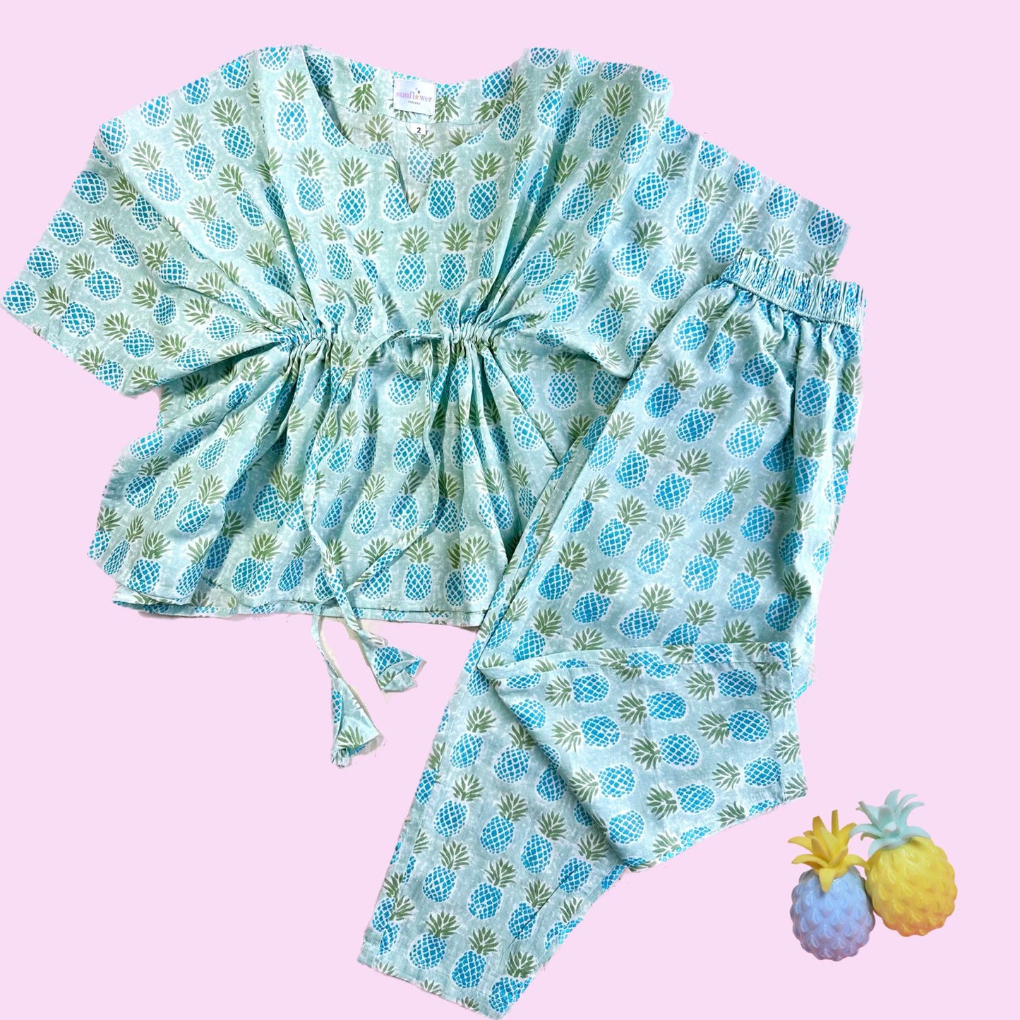 Girls Blue Pineapple Kaftan with Pant Set