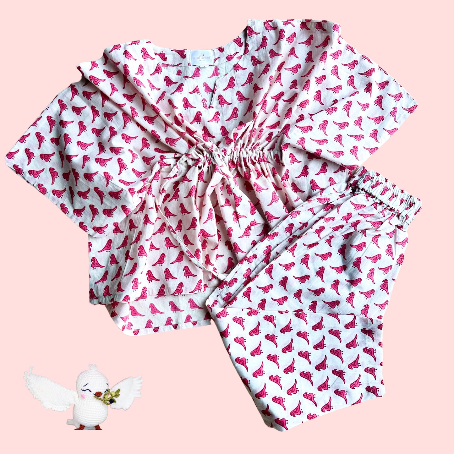 Girls Pink Birds Kaftan with Pant Set