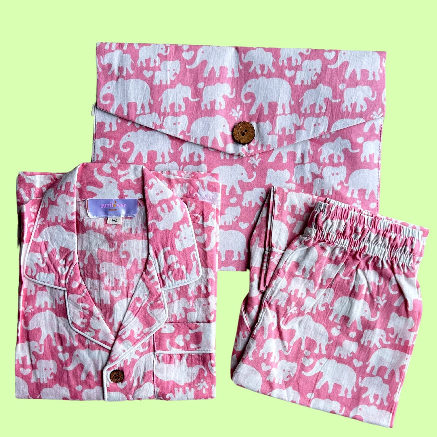 Kids Pink Elephant Half Sleeve Pyjama Set