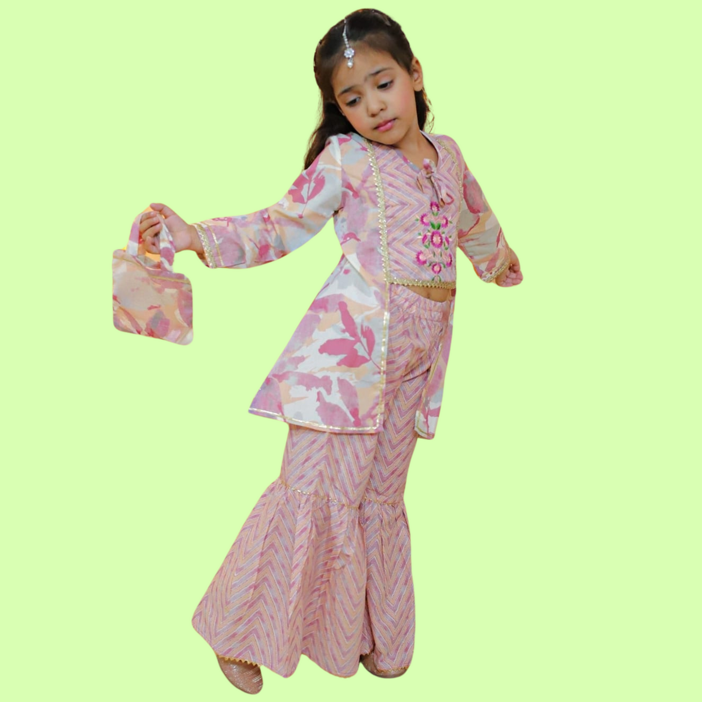 Girls Festive Pink Shrug Style Kurti with Sharara Set