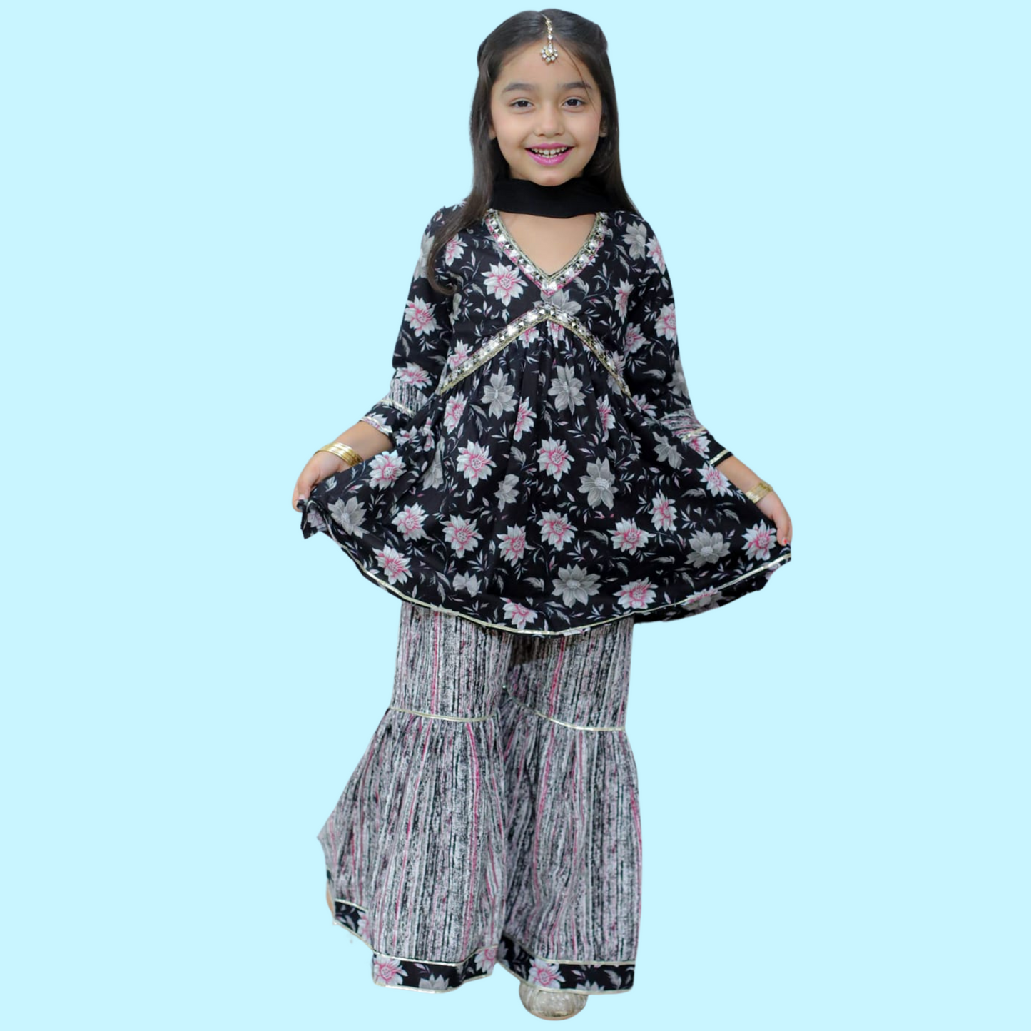 Girls Festive Black Kurti, Sharara Pant & Dupatta Set