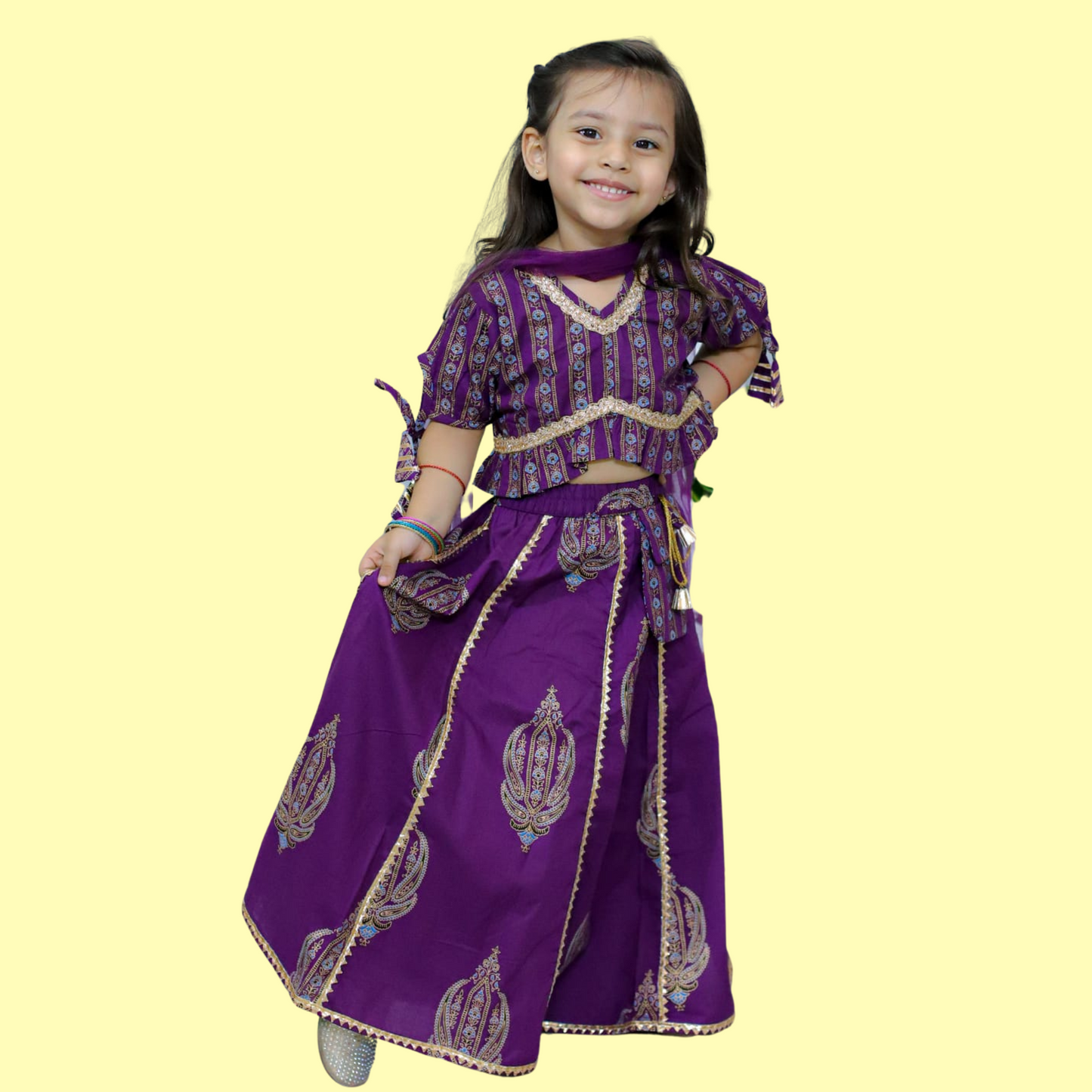 Girls Festive Purple Blouse, Lehenga and Dupatta Set