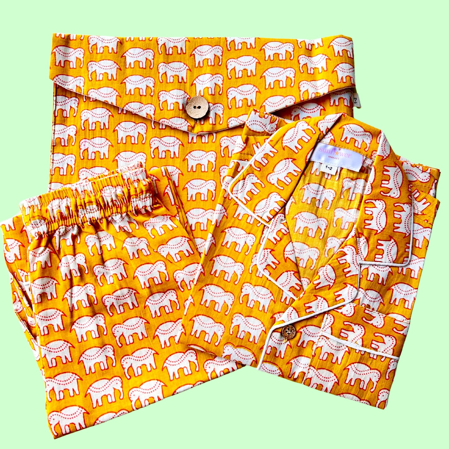 Kids Yellow Elephant Full Sleeve Pyjama Set