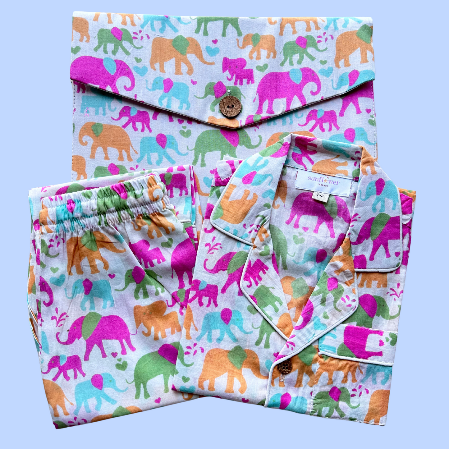 Kids Colourful Elephants Half Sleeve Pyjama Set