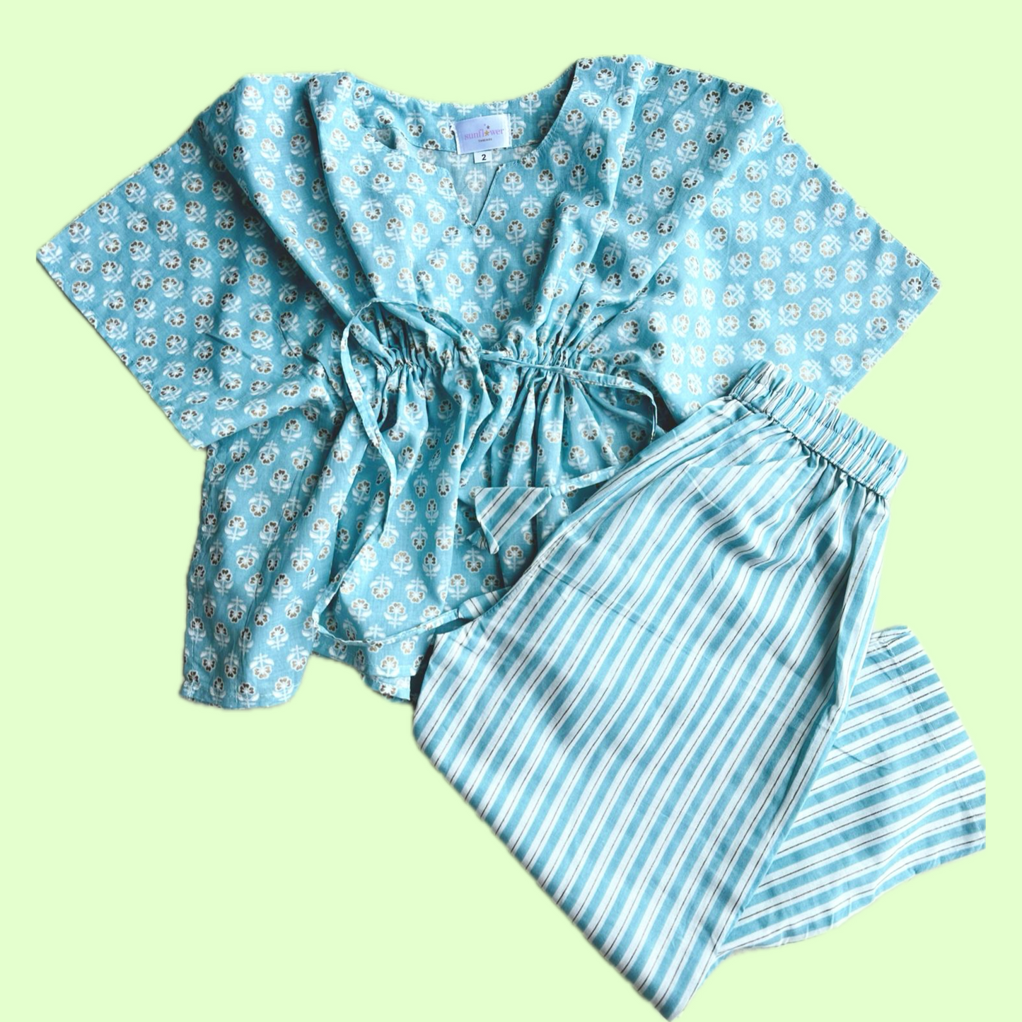 Girls Blue Ornate Kaftan with Pant Set