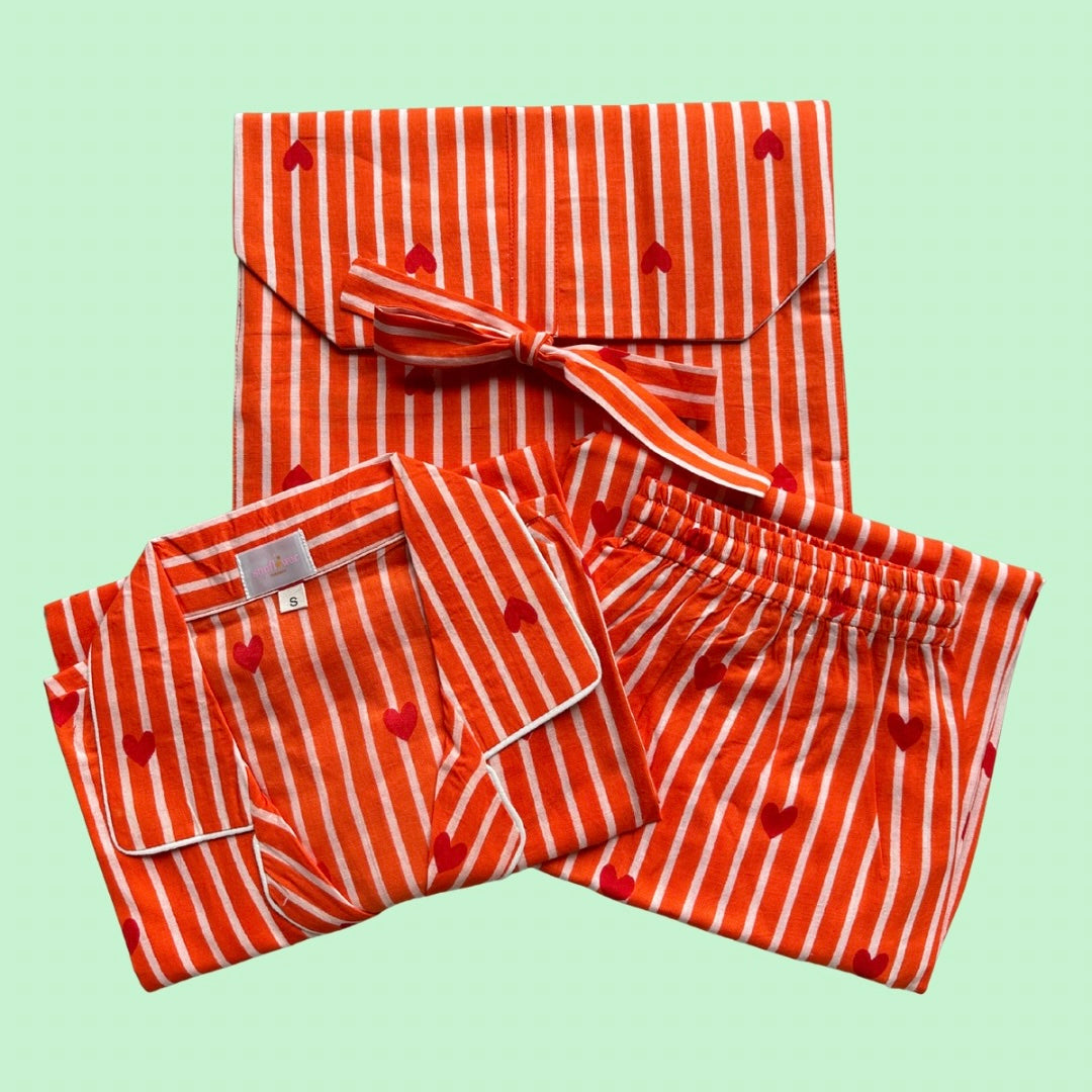 Women's Red Heart Orange Stripe Half Sleeve Pyjama Set