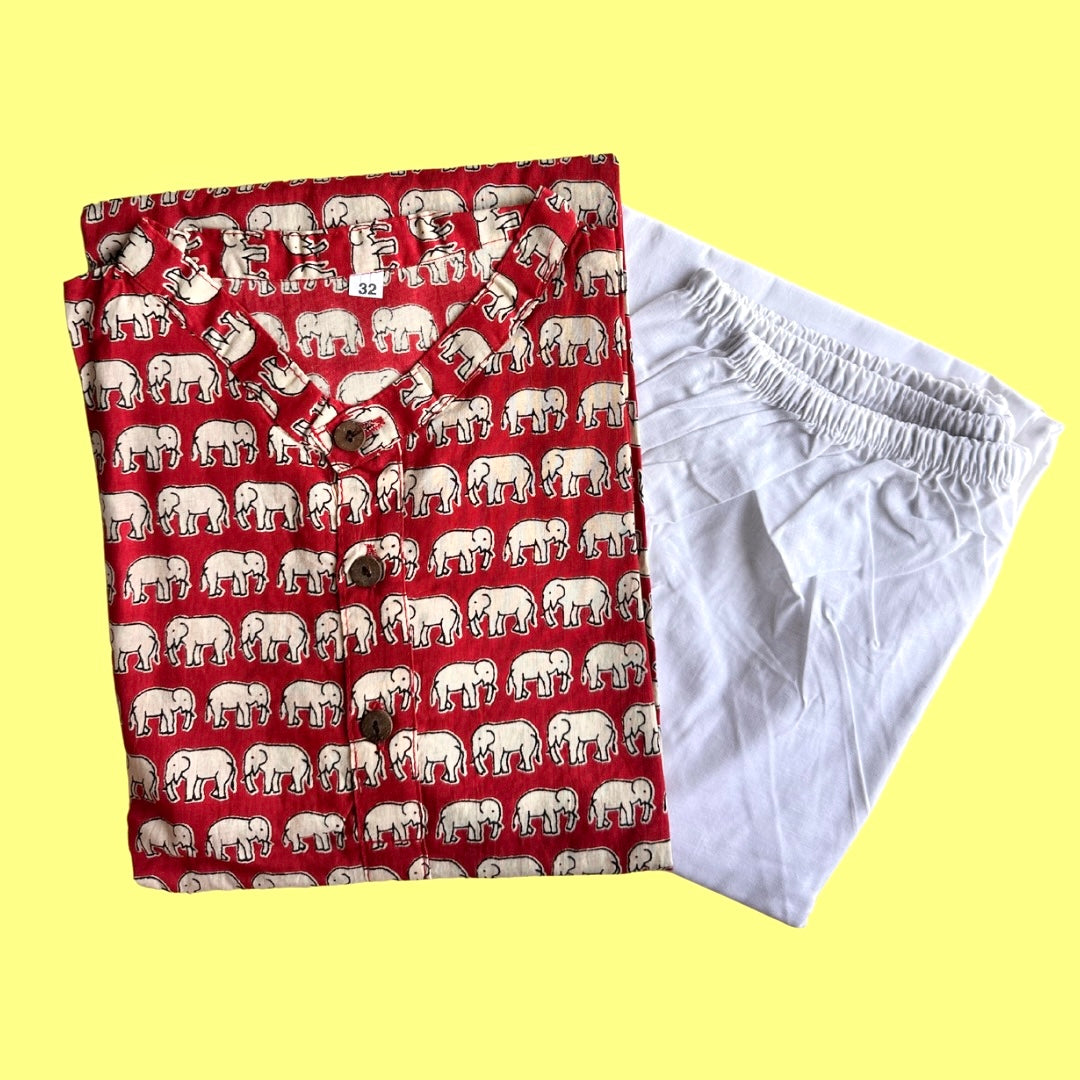 Boys Red Elephant Kurta Pyjama Set