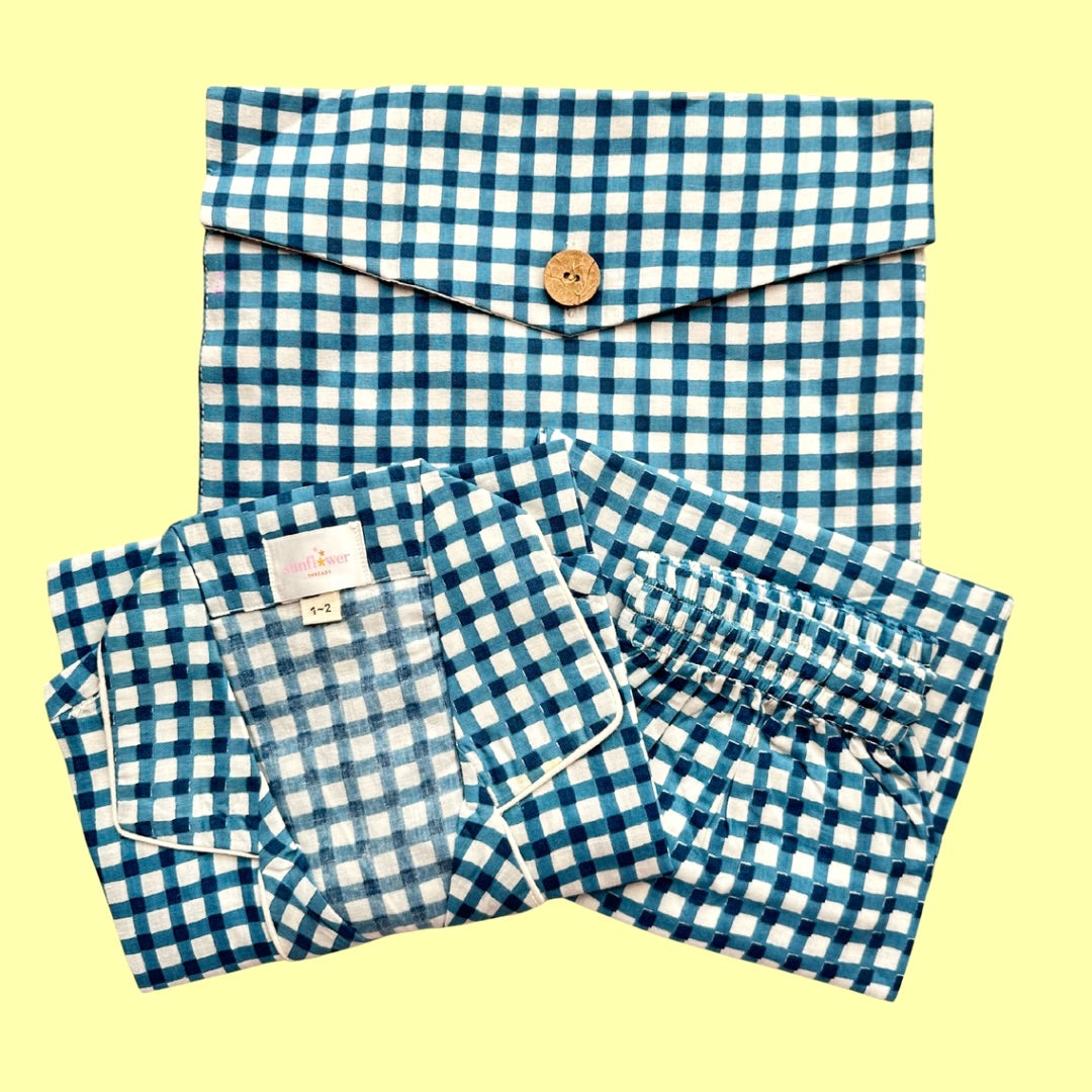 Kids Blue Checks Half Sleeve Pyjama Set