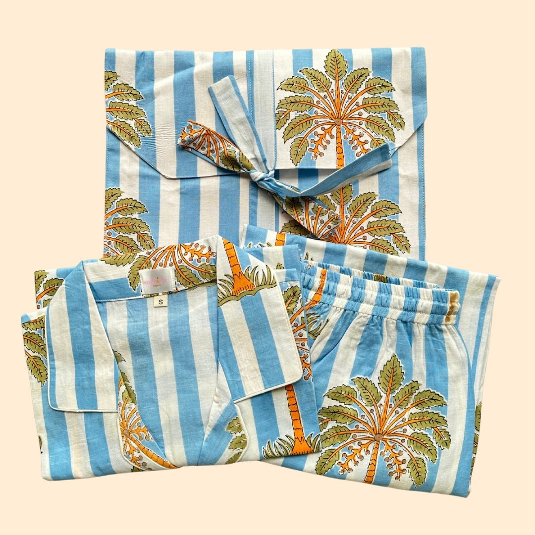Women's Blue Stripes Tropical Half Sleeve Pyjama Set