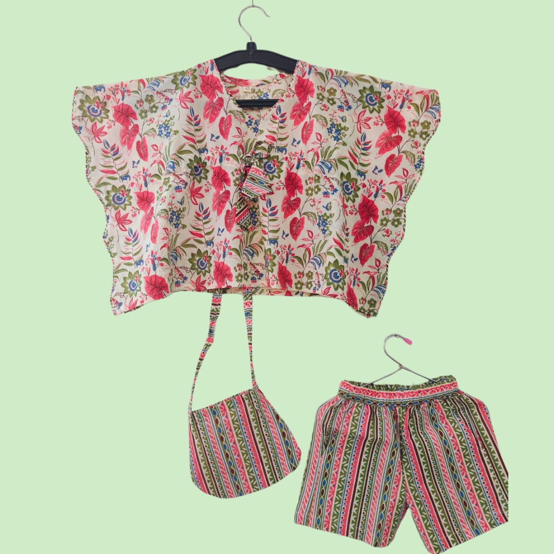 Mixed Pink Floret Kaftan with Shorts Set