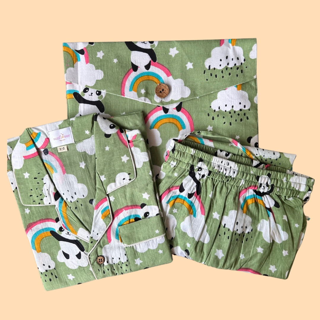 Kids Green Panda Half Sleeve Pyjama Set