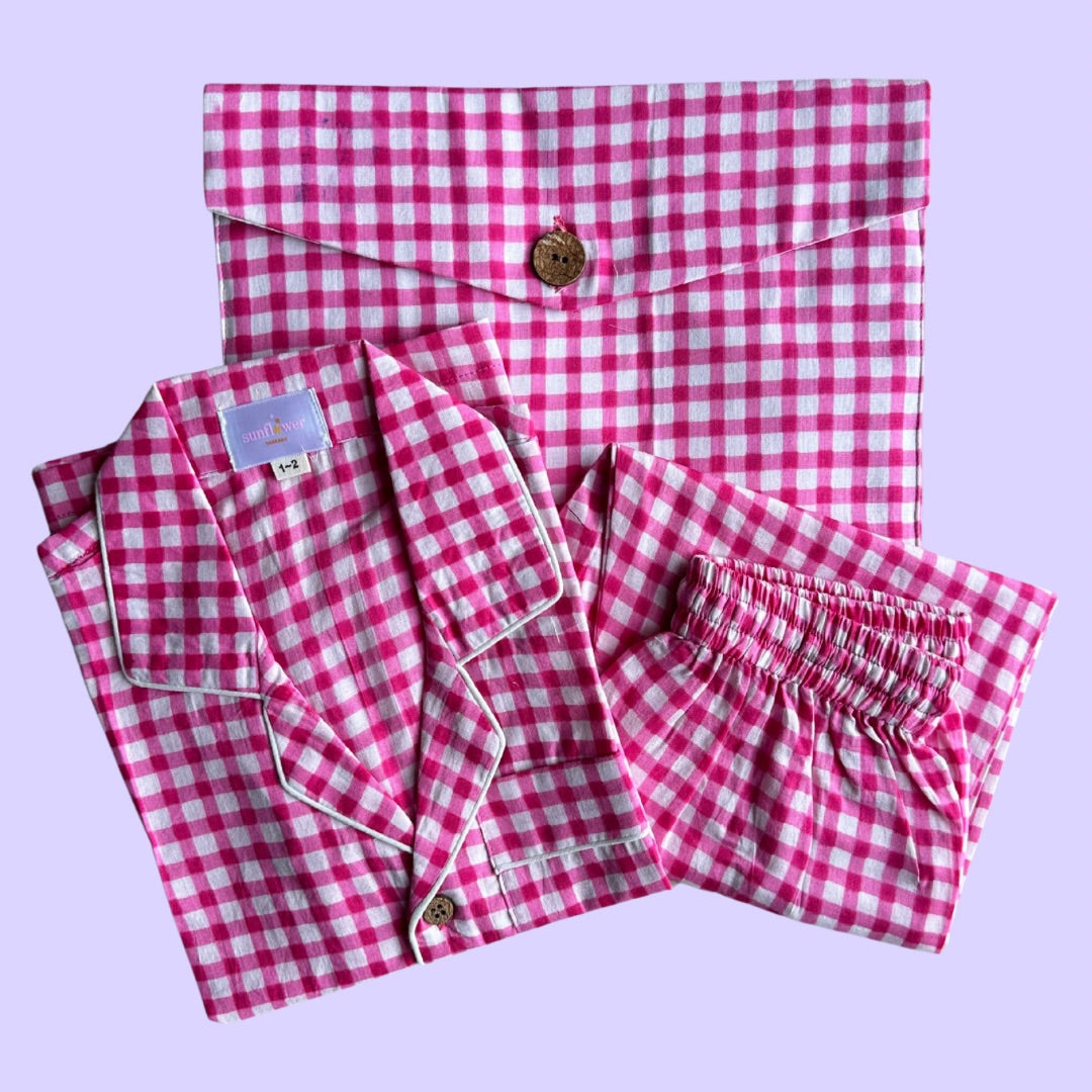 Kids Pink Checks Half Sleeve Pyjama Set