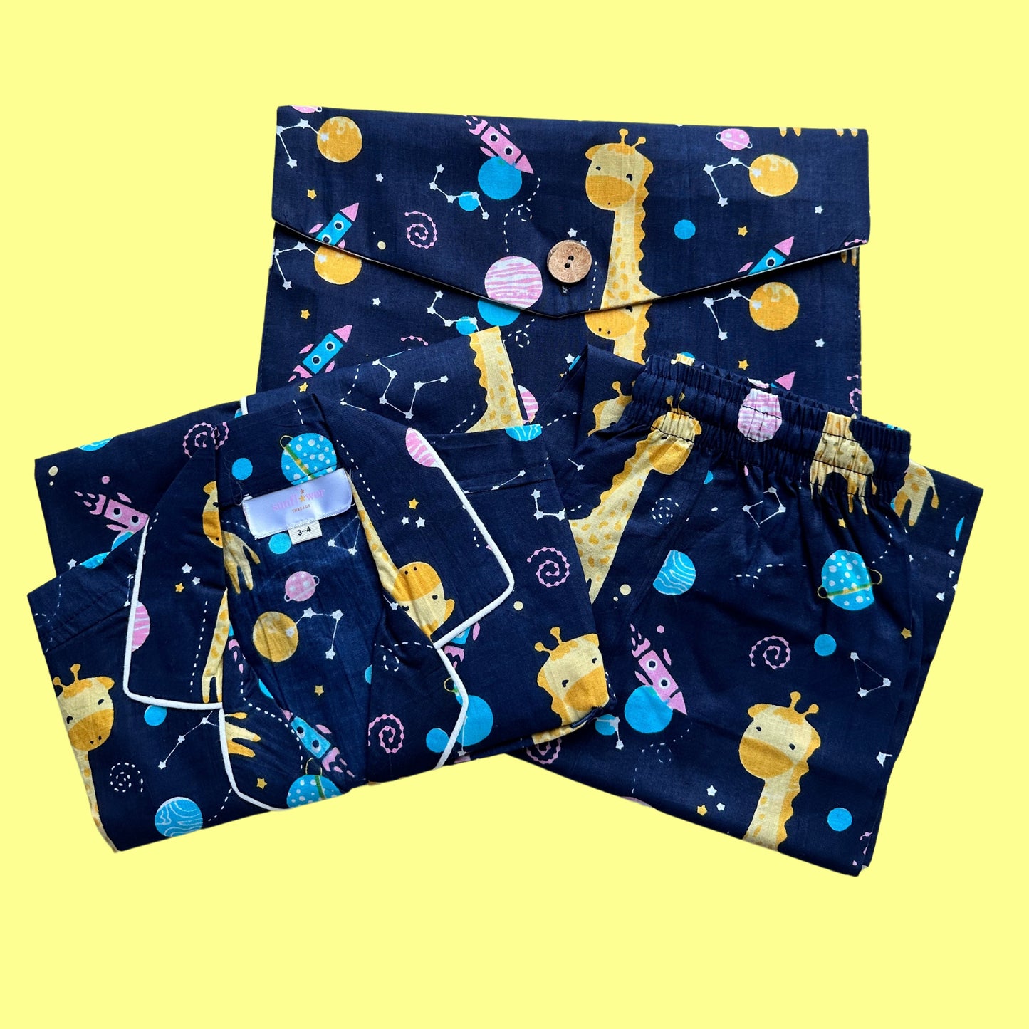 Kids Blue Space Giraffe Half Sleeve Pyjama Set