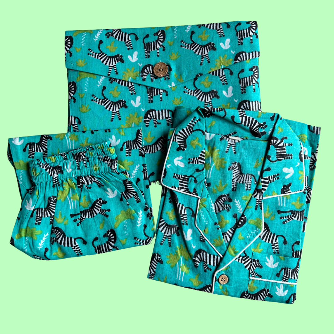 Kids Turquoise Zebra Half Sleeve Pyjama Set
