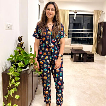 Women's Owl Half Sleeve Pyjama Set