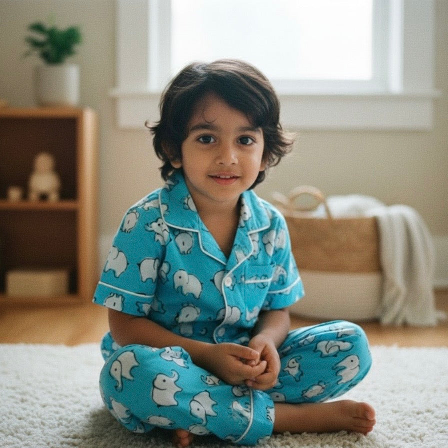 Kids Blue Elephant Half Sleeve Pyjama Set