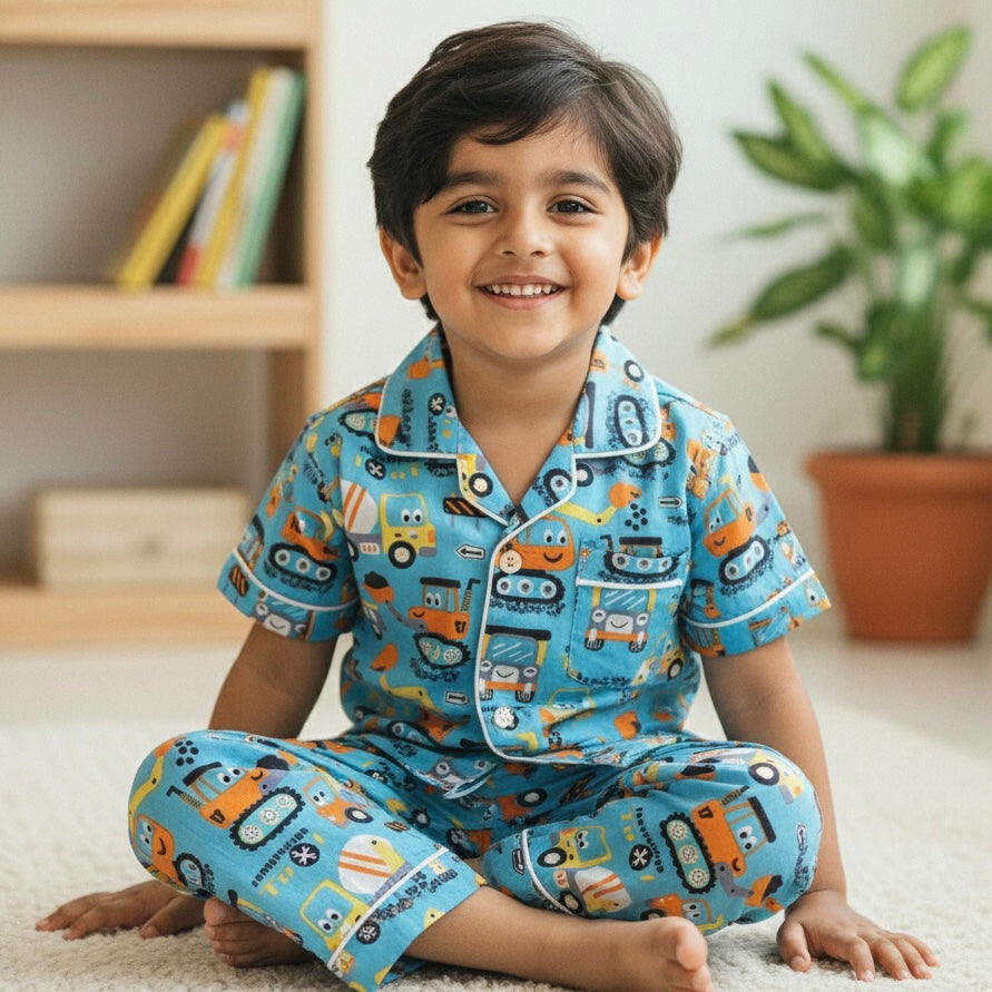 Kids Blue Car Half Sleeve Pyjama Set