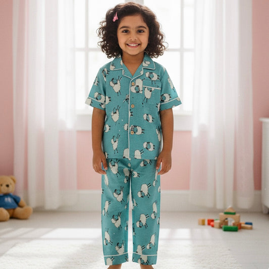 Kids Blue Sheep Half Sleeve Pyjama Set