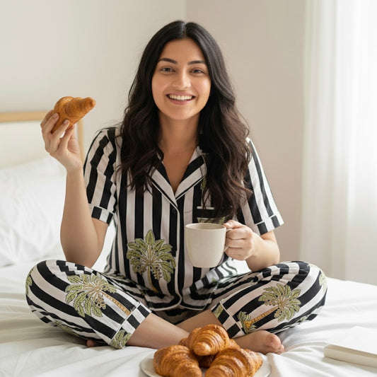 Women's Black Stripes Tropical Half Sleeve Pyjama Set