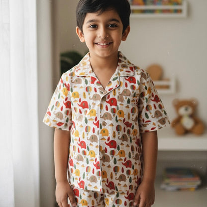 Kids Red Elephant & Hot Air Balloon Half Sleeve Pyjama Set