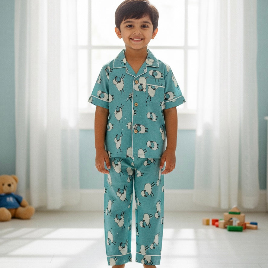 Kids Blue Sheep Half Sleeve Pyjama Set