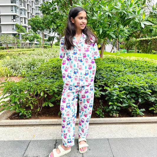 Kids Purple Owl Half Sleeve Pyjama Set