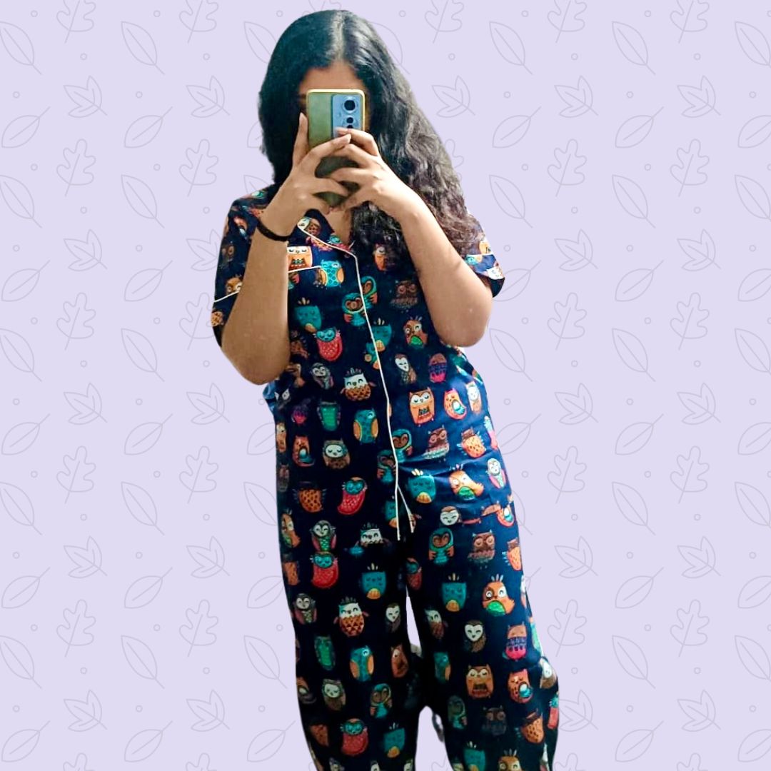 Kids Black Owl Half Sleeve Pyjama Set