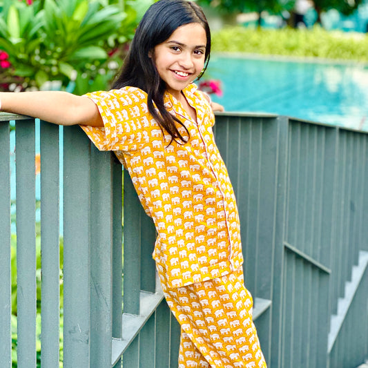 Kids Yellow Elephant Half Sleeve Pyjama Set