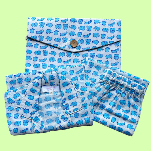 Kids Blue Baby Elephant Half Sleeve Pyjama Set