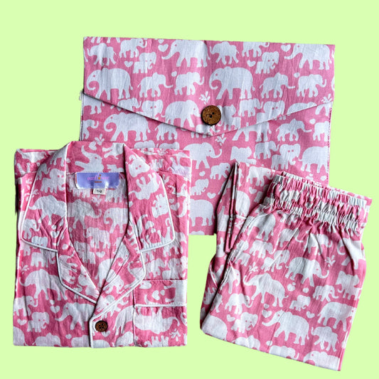 Kids Pink Elephant Half Sleeve Pyjama Set