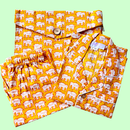 Kids Yellow Elephant Half Sleeve Pyjama Set