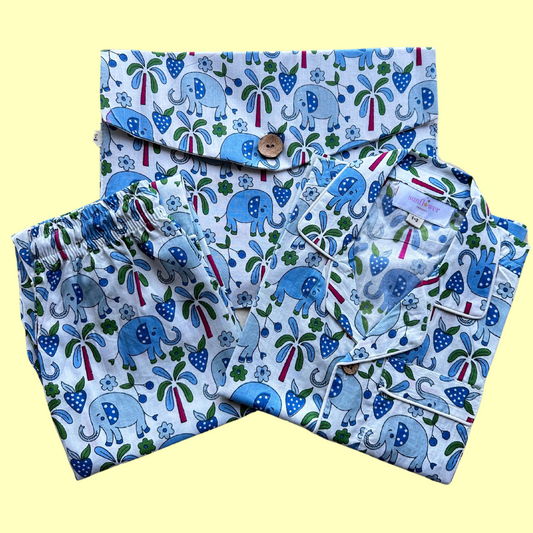 Kids Blue Elephant Half Sleeve Pyjama Set
