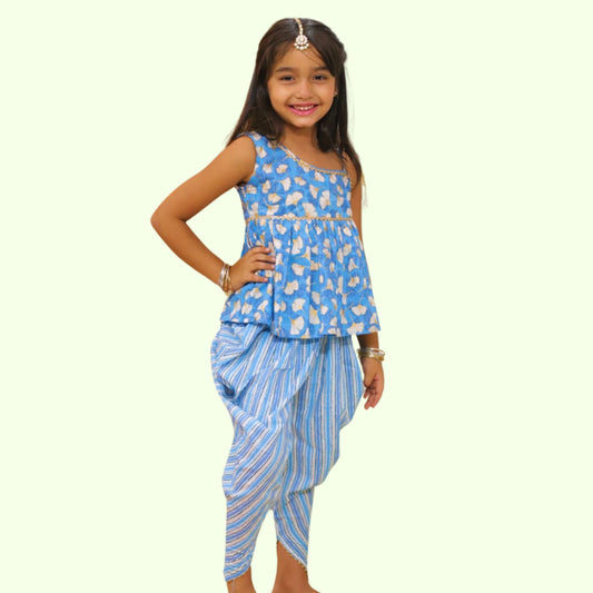Girls Festive Blue Peplum Top & Dhoti Pant Set