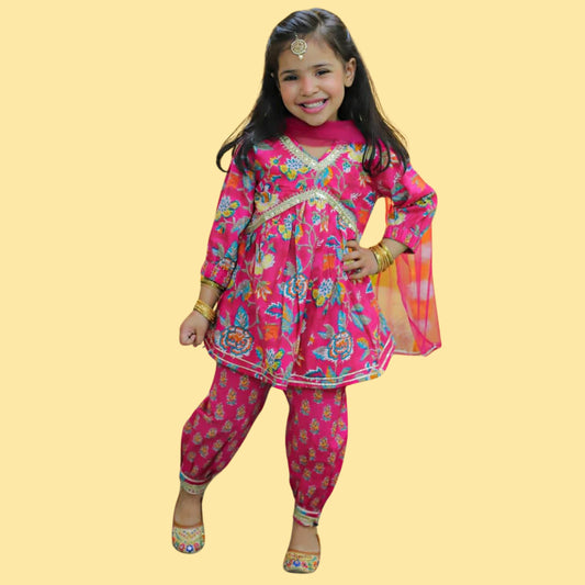 Girls Festive Pink Kurti with Afghani Pant Set