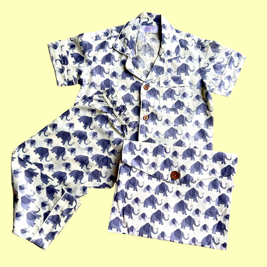 Kids Grey Elephant Half Sleeve Pyjama Set