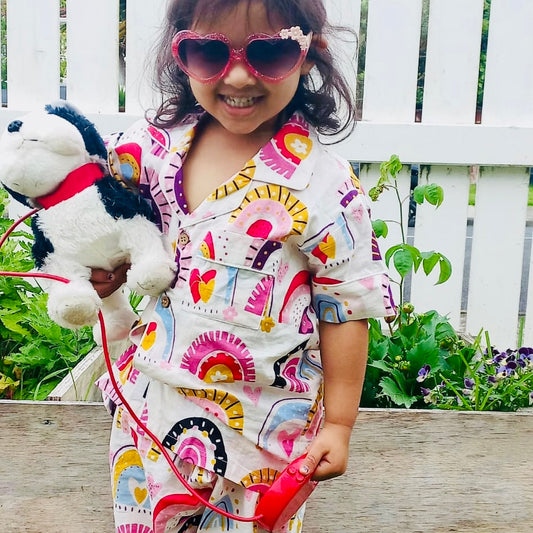 Kids White Rainbow Half Sleeve Pyjama Set