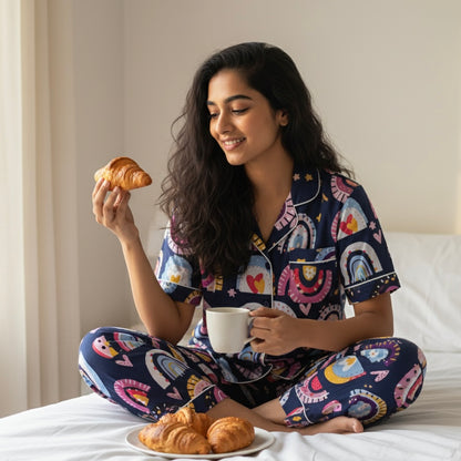 Women's Blue Rainbow Half Sleeve Pyjama Set