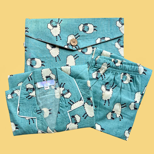 Kids Blue Sheep Half Sleeve Pyjama Set