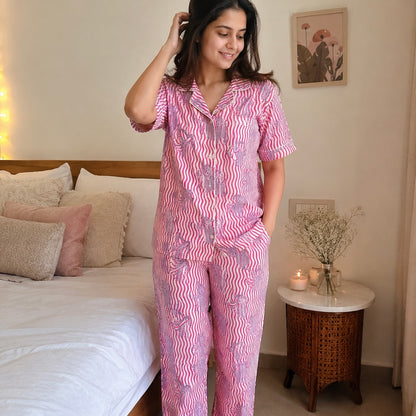 Women's Pink Prowl Half Sleeve Pyjama Set