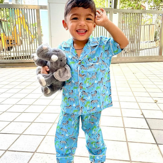Kids Blue Zebra Half Sleeve Pyjama Set