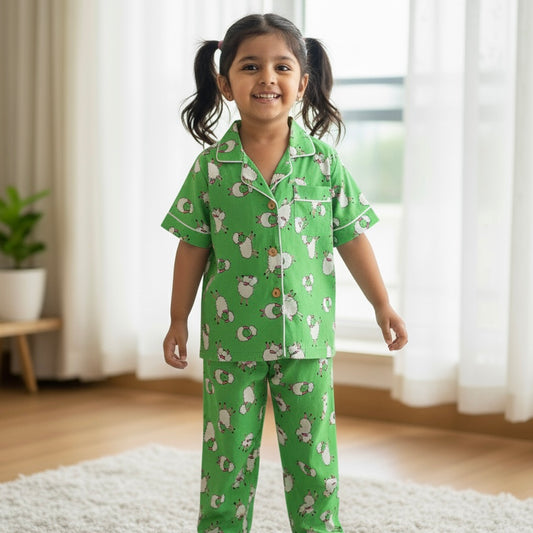 Kids Green Sheep Half Sleeve Pyjama Set