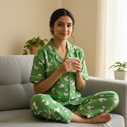 Women’s Green Sheep Half Sleeve Pyjama Set