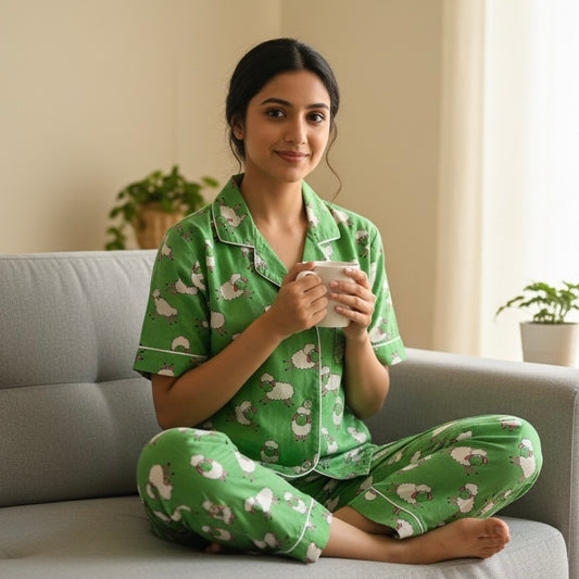 Women’s Green Sheep Half Sleeve Pyjama Set