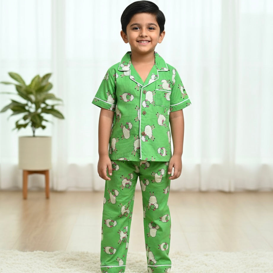 Kids Green Sheep Half Sleeve Pyjama Set
