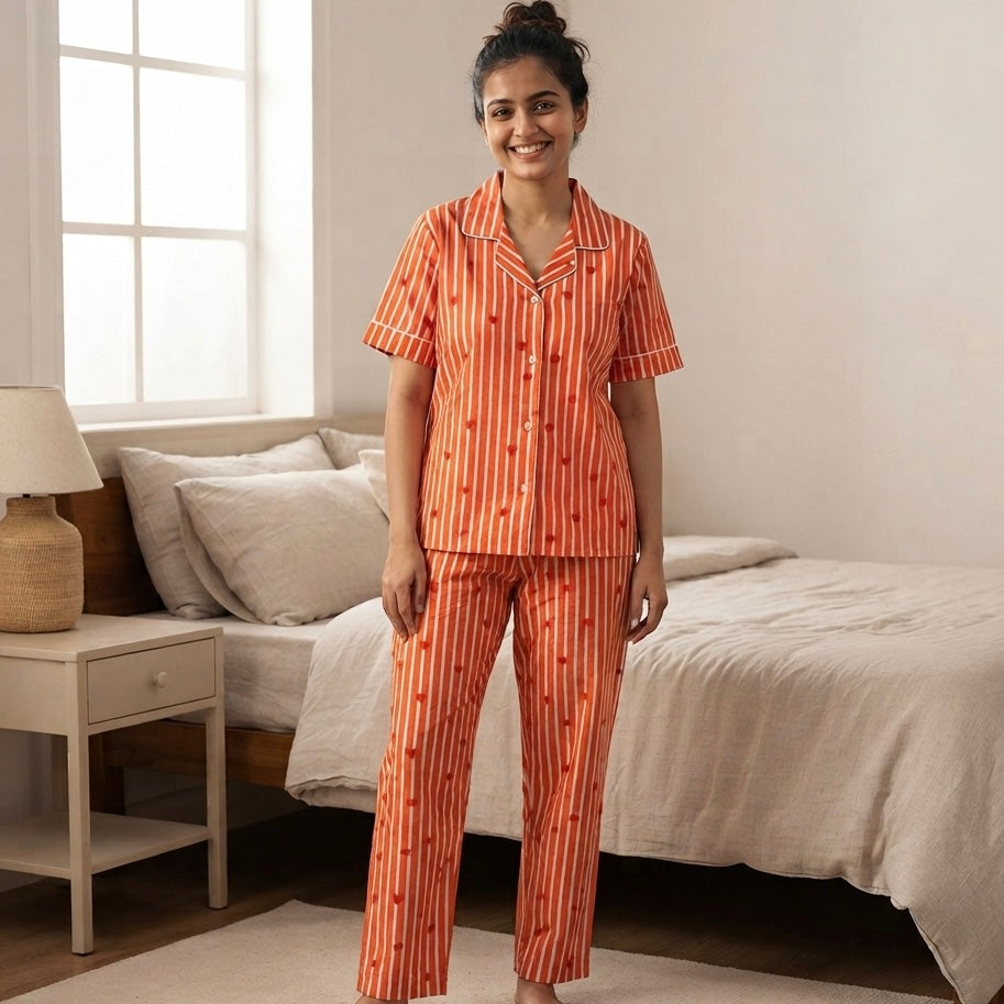 Women's Red Heart Orange Stripe Half Sleeve Pyjama Set
