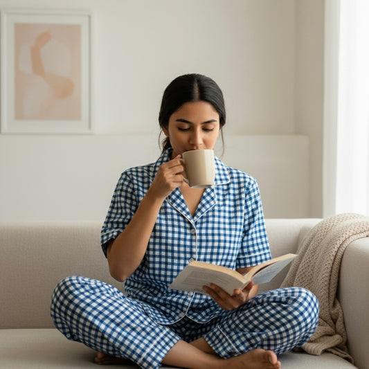 Women's Blue Checks Half Sleeve Pyjama Set