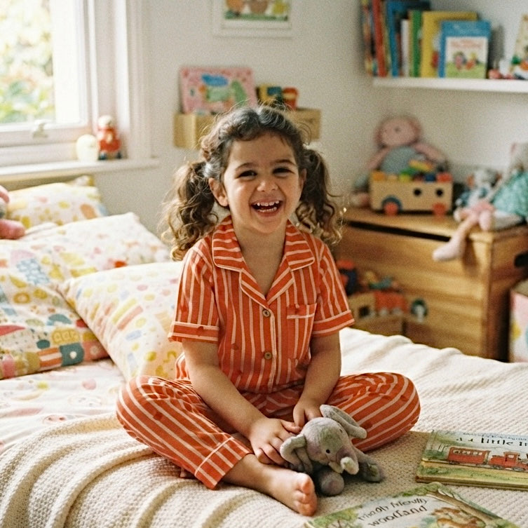 Kids Red Heart Orange Stripe Half Sleeve Pyjama Set