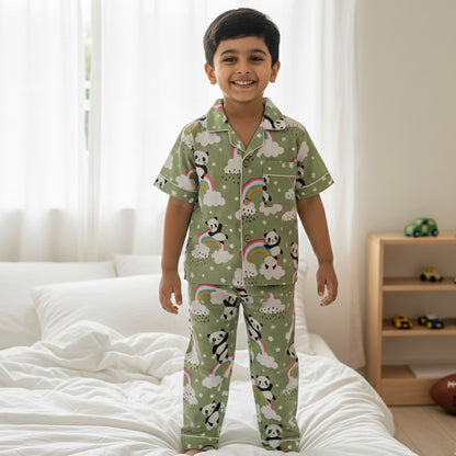 Kids Green Panda Half Sleeve Pyjama Set