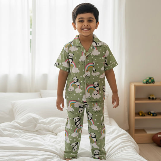 Kids Green Panda Half Sleeve Pyjama Set
